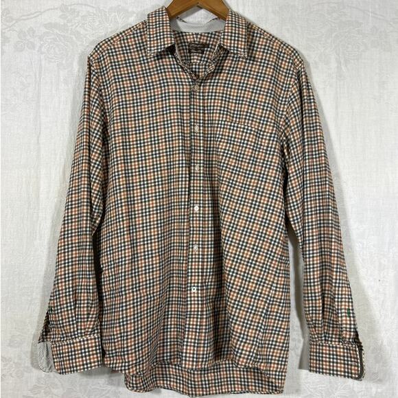 J McLaughlin Flannel Shirt Large Brown Plaid Gingham Trim Fit - Picture 1 of 11